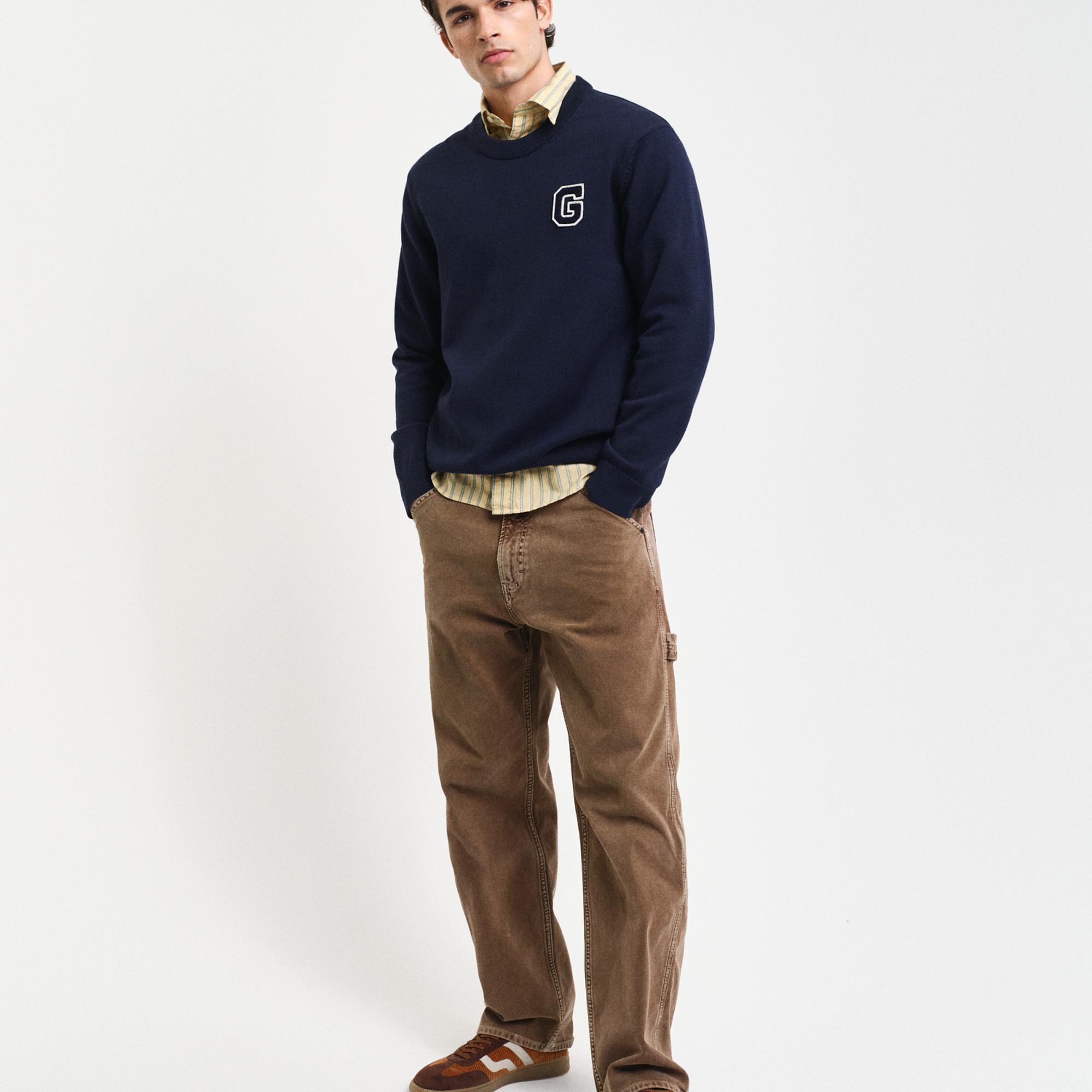 GANT Erkek Lacivert Relaxed Fit Bisiklet Yaka Logolu Kazak