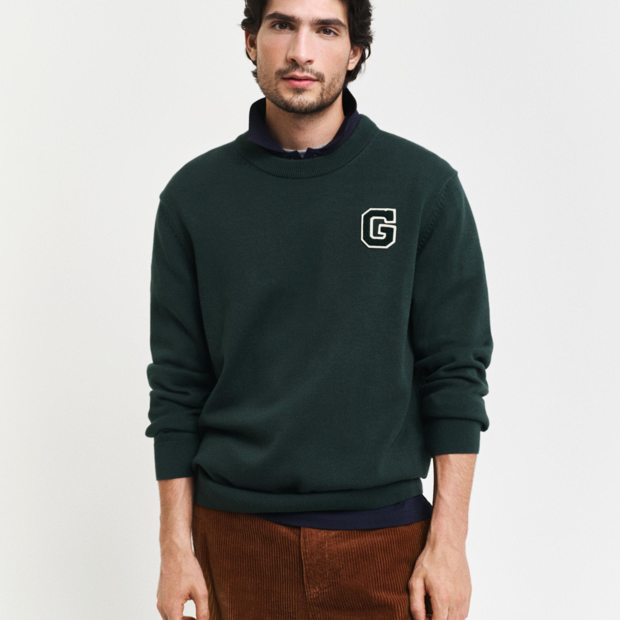 GANT Erkek Yeşil Relaxed Fit Bisiklet Yaka Logolu Kazak