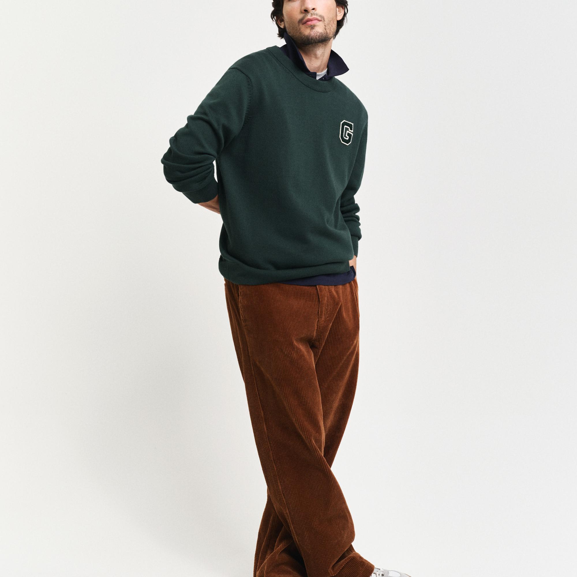 GANT Erkek Yeşil Relaxed Fit Bisiklet Yaka Logolu Kazak