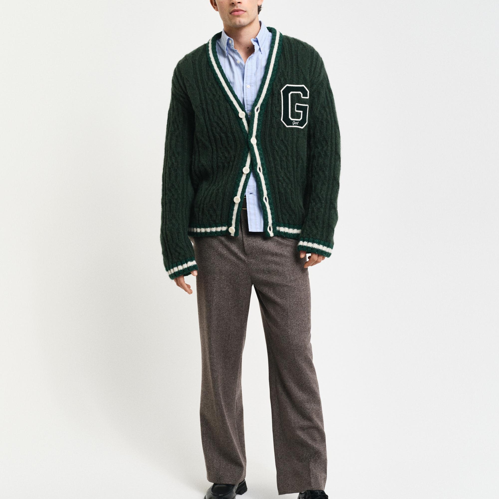 GANT Erkek Yeşil Regular Fit V Yaka Logolu Hırka