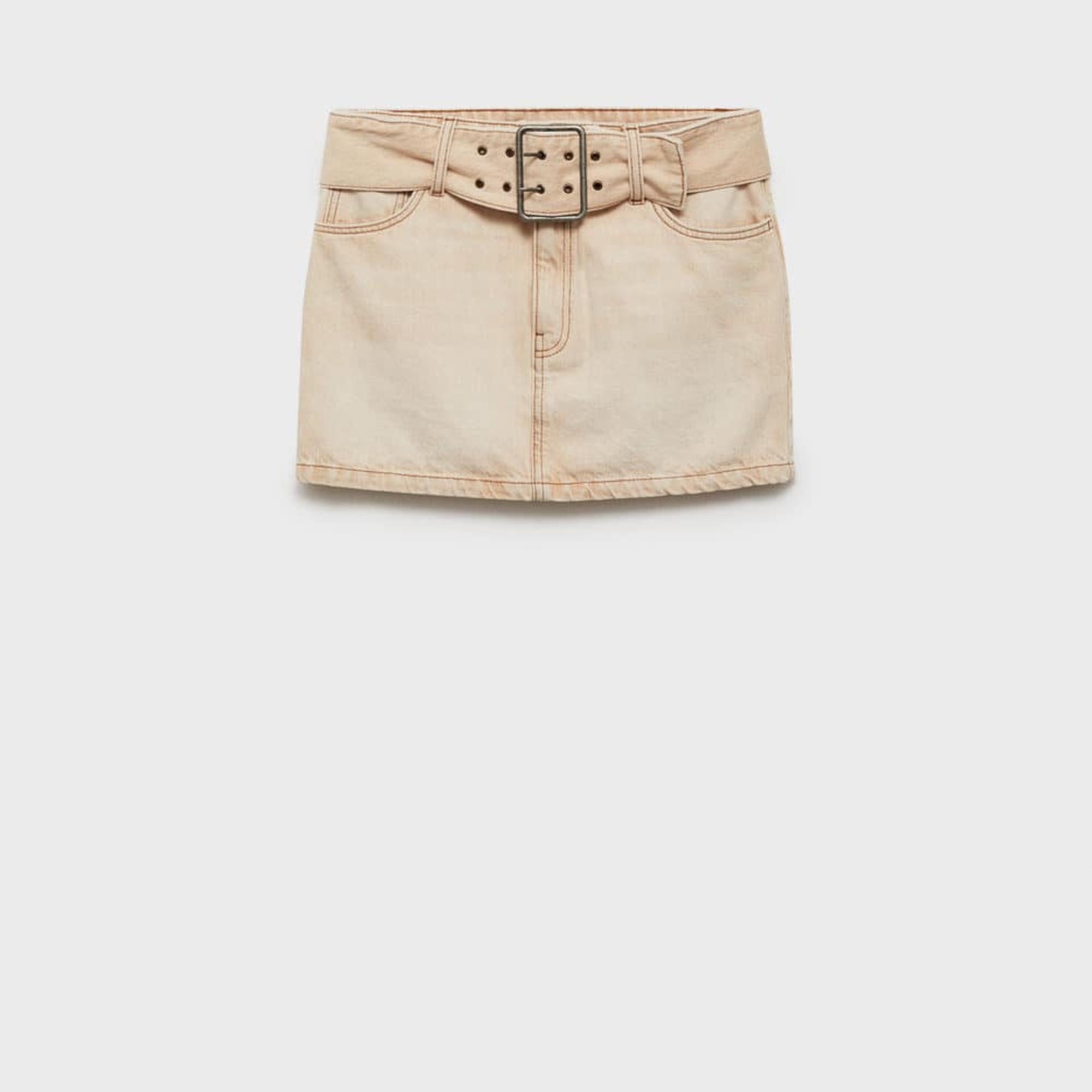 Mango Kadın Kemerli Denim Mini Etek Kum Beji