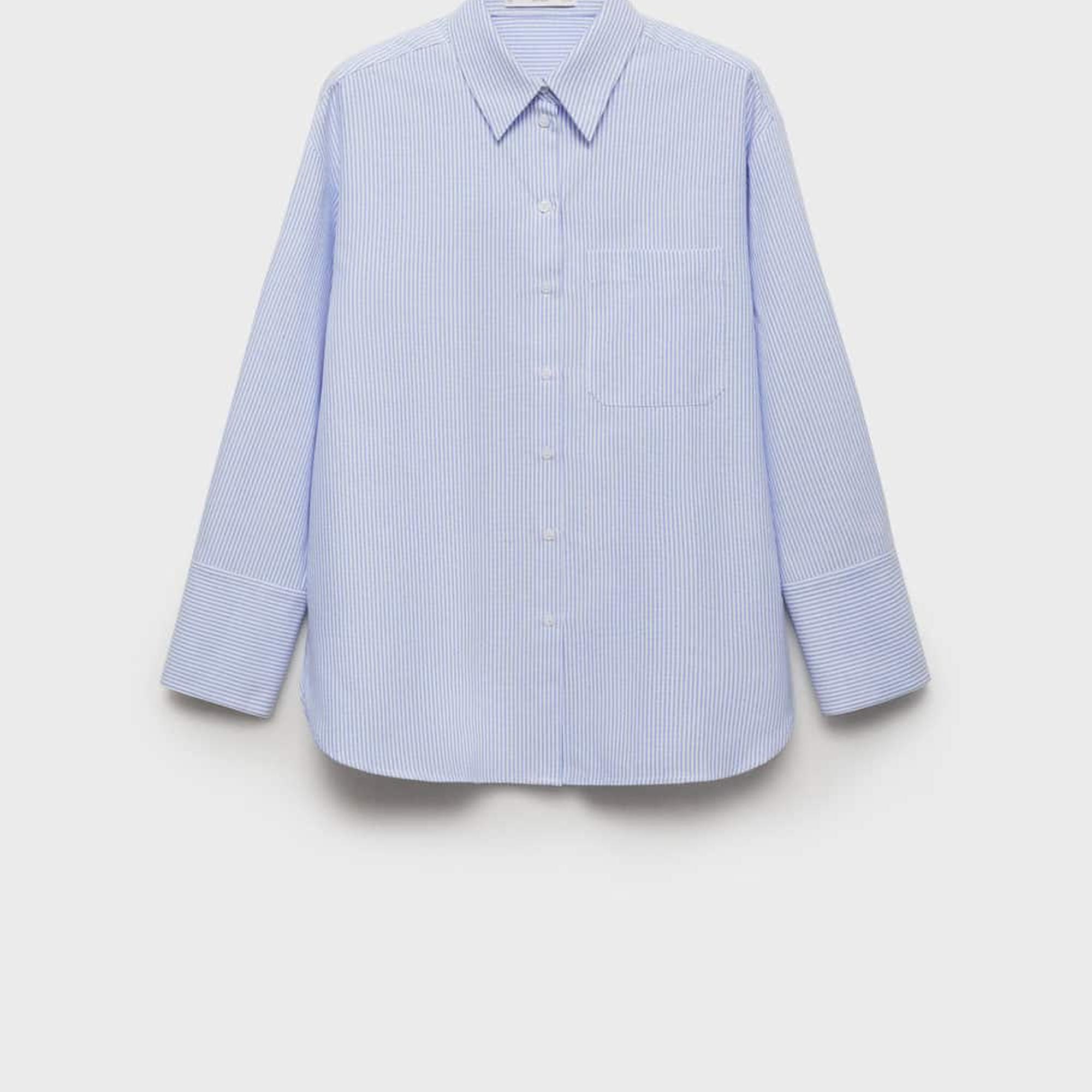 Mango Kadın Çizgili Pamuklu Gömlek Gök Mavisi