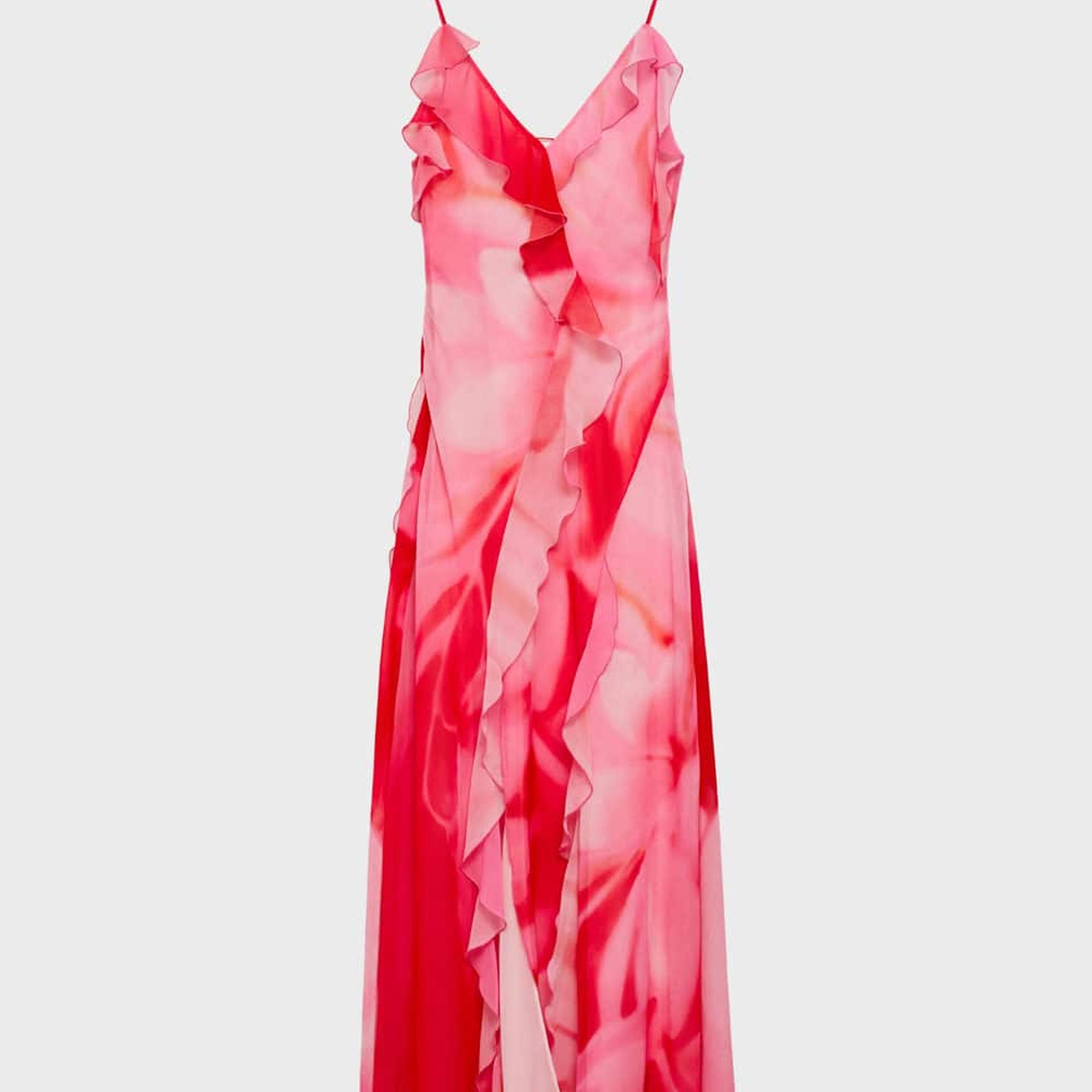 Mango Kadın Yırtmaçlı Fırfırlı Elbise Pembe