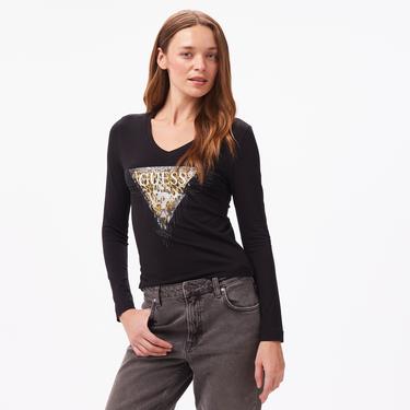  Guess Triangle Tiger Mid Organic Stretch Jersey 180 Kadın Siyah T-Shirt