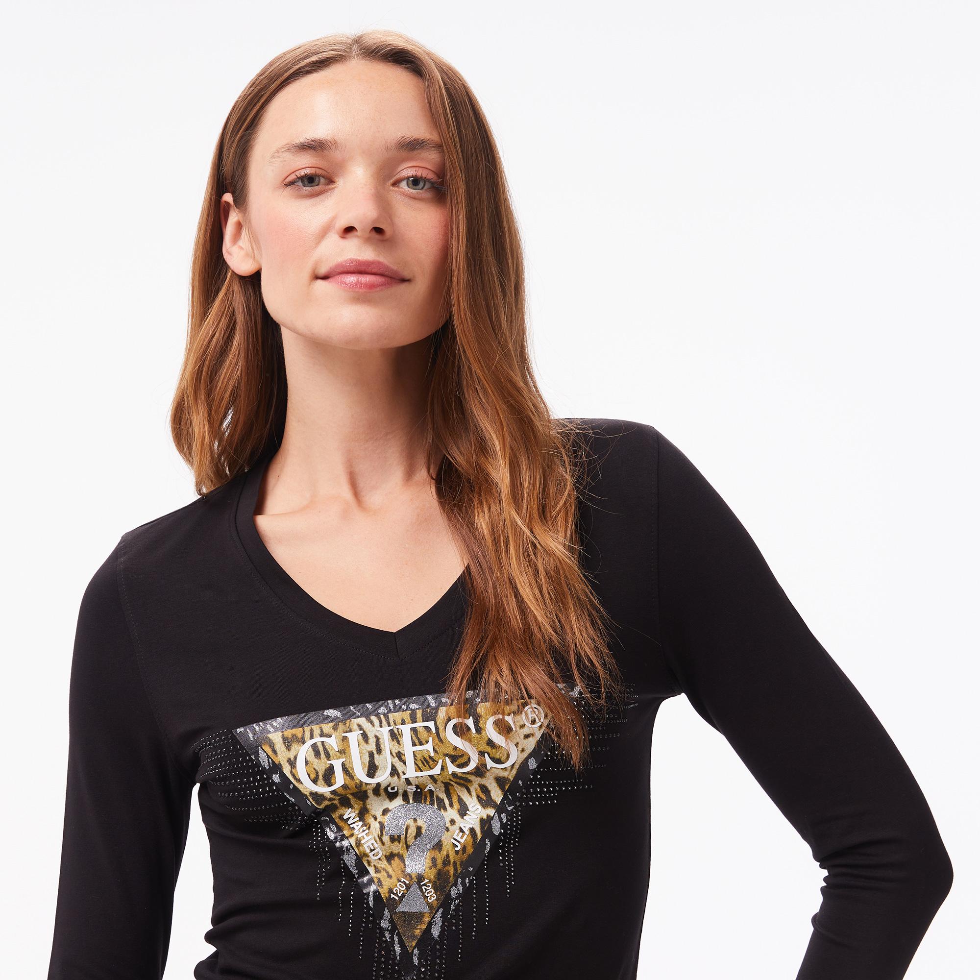 Guess Triangle Tiger Mid Organic Stretch Jersey 180 Kadın Siyah T-Shirt