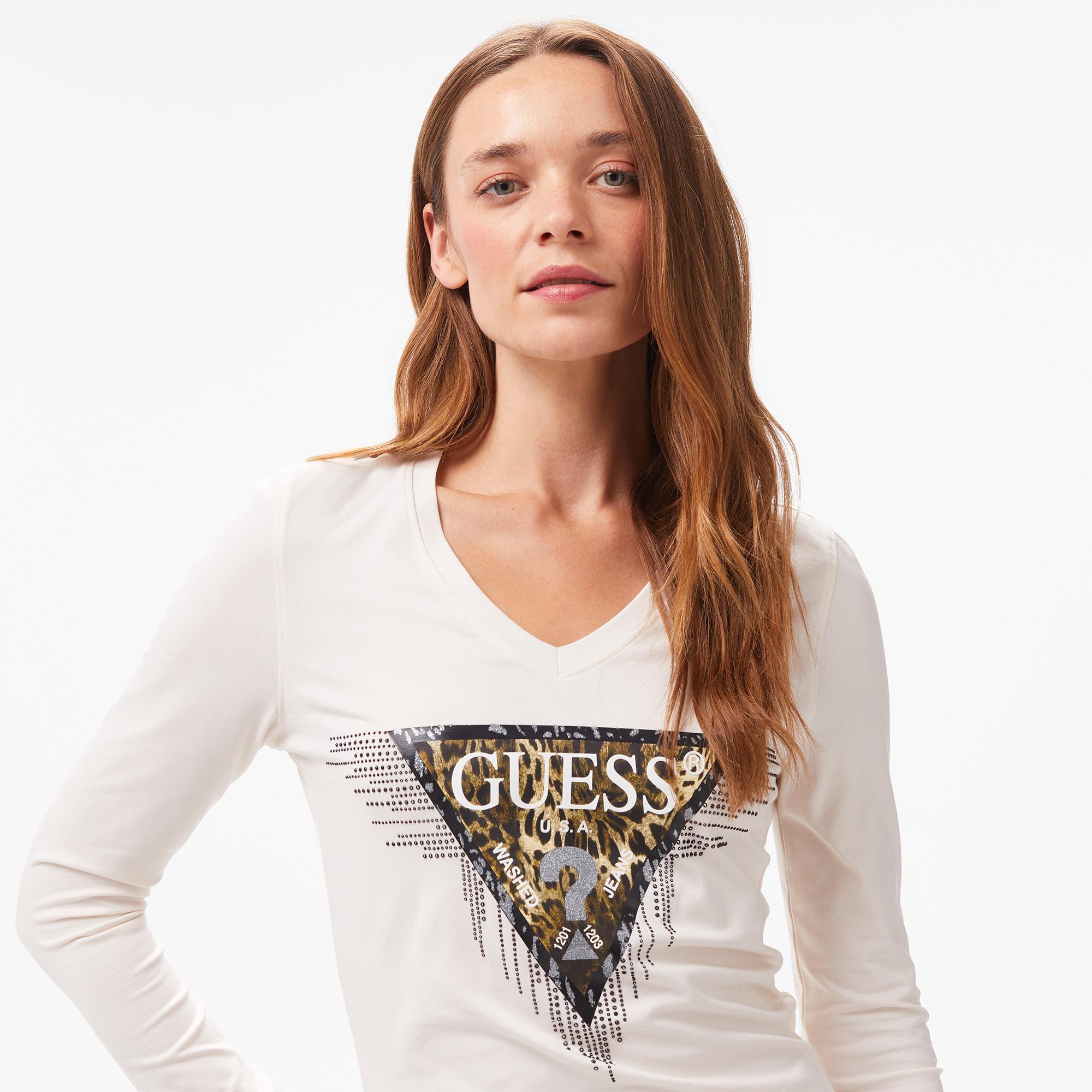 Guess Triangle Tiger Mid Organic Stretch Jersey 180 Kadın Beyaz T-Shirt