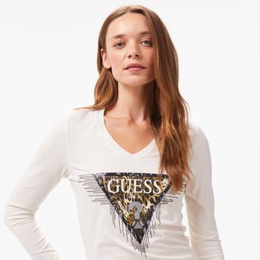  Guess Triangle Tiger Mid Organic Stretch Jersey 180 Kadın Beyaz T-Shirt