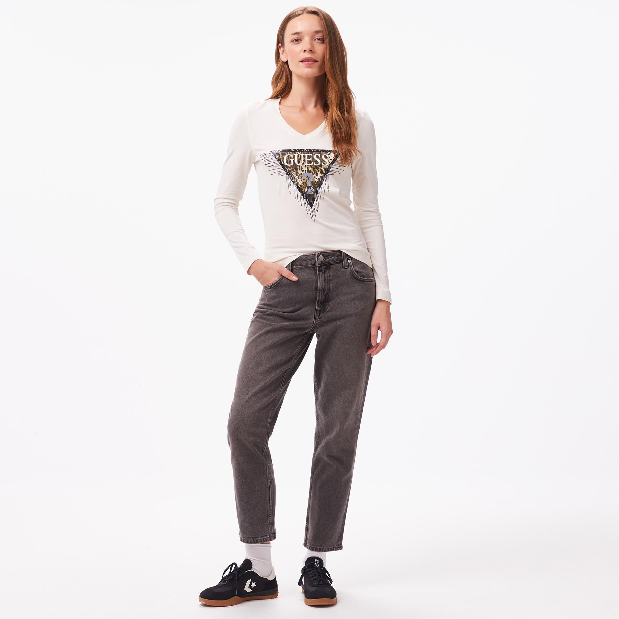 Guess Triangle Tiger Mid Organic Stretch Jersey 180 Kadın Beyaz T-Shirt