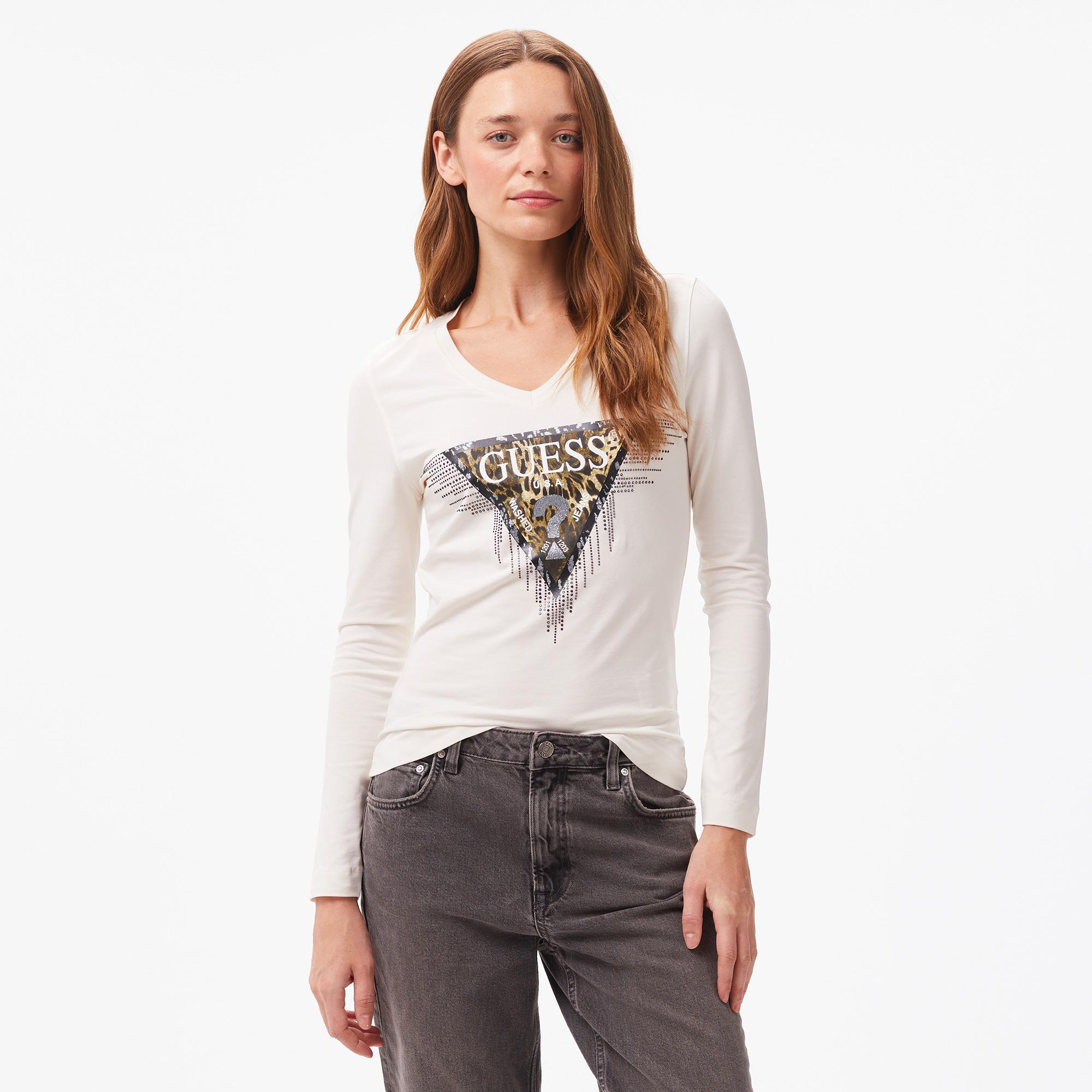 Guess Triangle Tiger Mid Organic Stretch Jersey 180 Kadın Beyaz T-Shirt