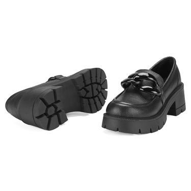  Kadın Siyah Deri Topuklu Loafer