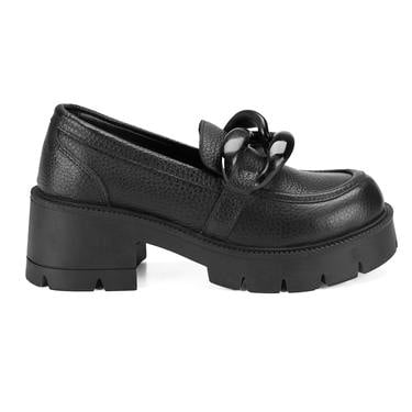  Kadın Siyah Deri Topuklu Loafer