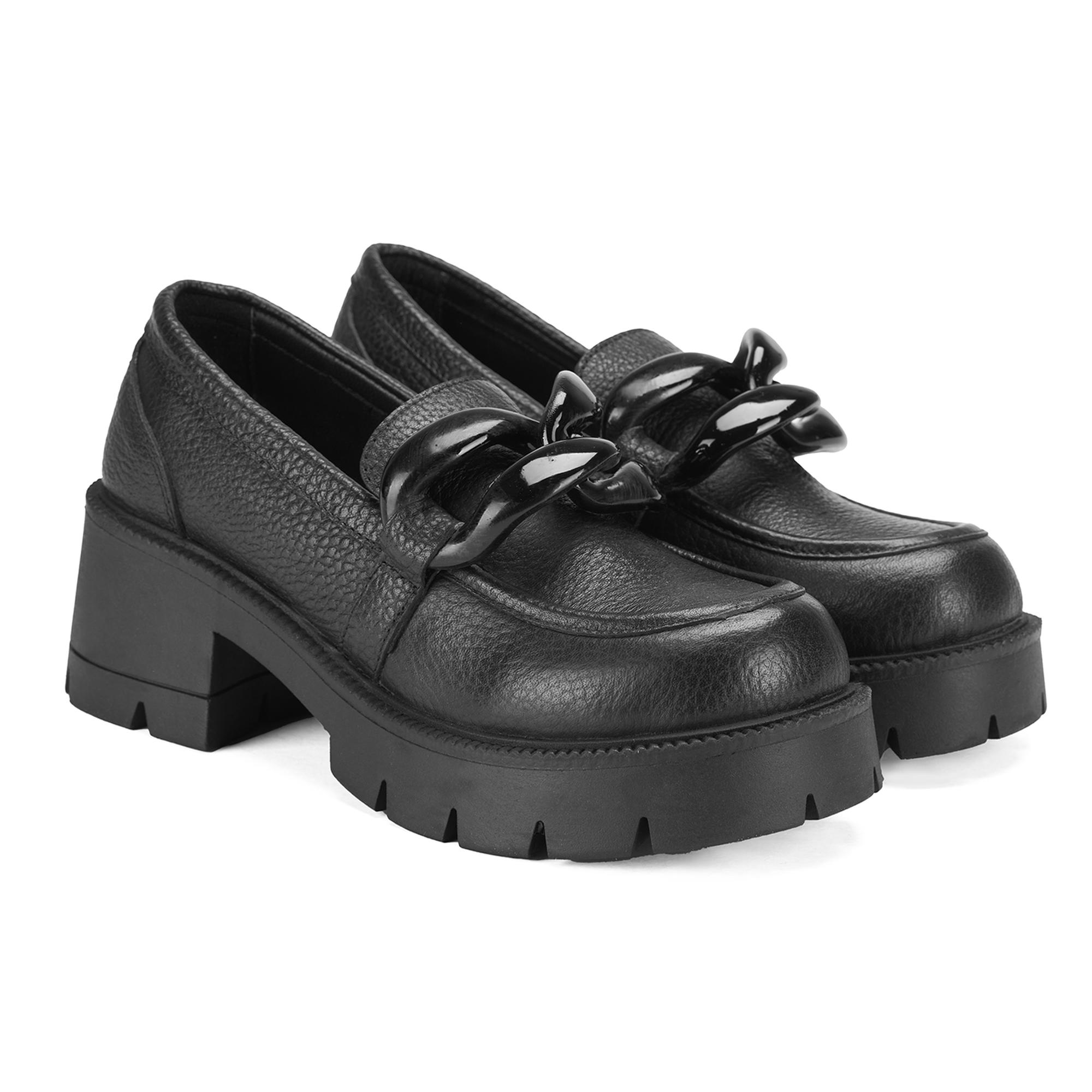 Kadın Siyah Deri Topuklu Loafer