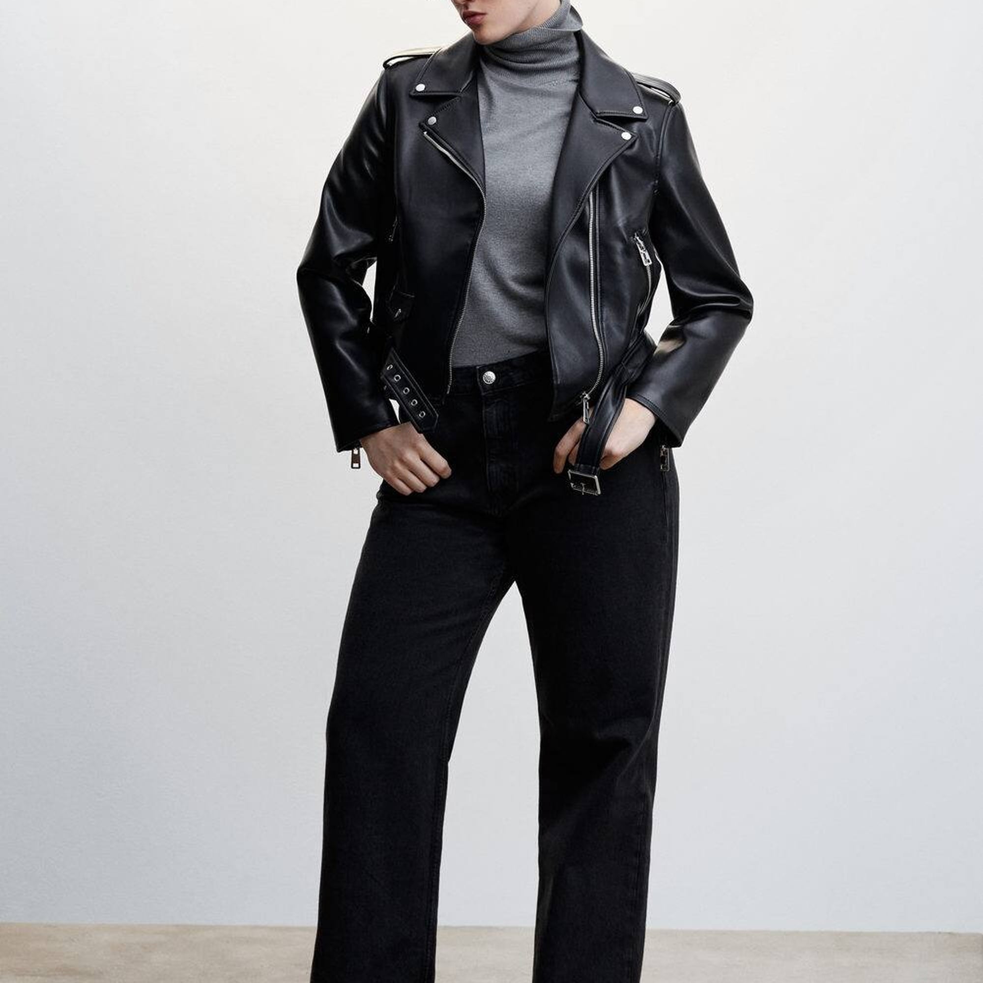 Mango Kadın Deri Görünümlü Biker Ceket Siyah