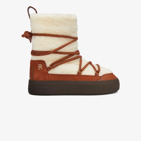  Tommy Hilfiger Lace-Up Faux Shearling Kadın Kahverengi Kar Botu