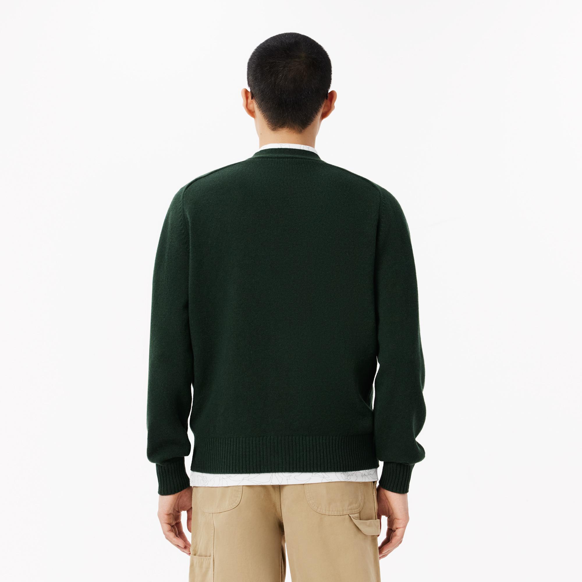 Erkek Classic Fit V Yaka Yün Koyu Yeşil Hırka