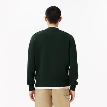  Erkek Classic Fit V Yaka Yün Koyu Yeşil Hırka