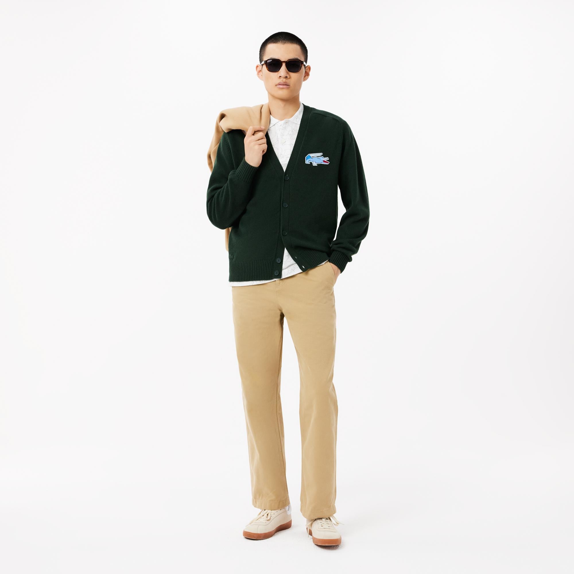 Erkek Classic Fit V Yaka Yün Koyu Yeşil Hırka