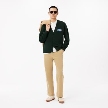  Erkek Classic Fit V Yaka Yün Koyu Yeşil Hırka