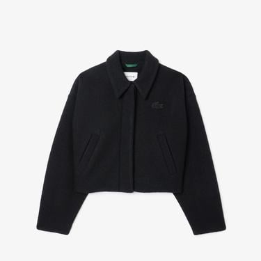  Kadın Oversize Fit Gömlek Yaka Yün Siyah Mont