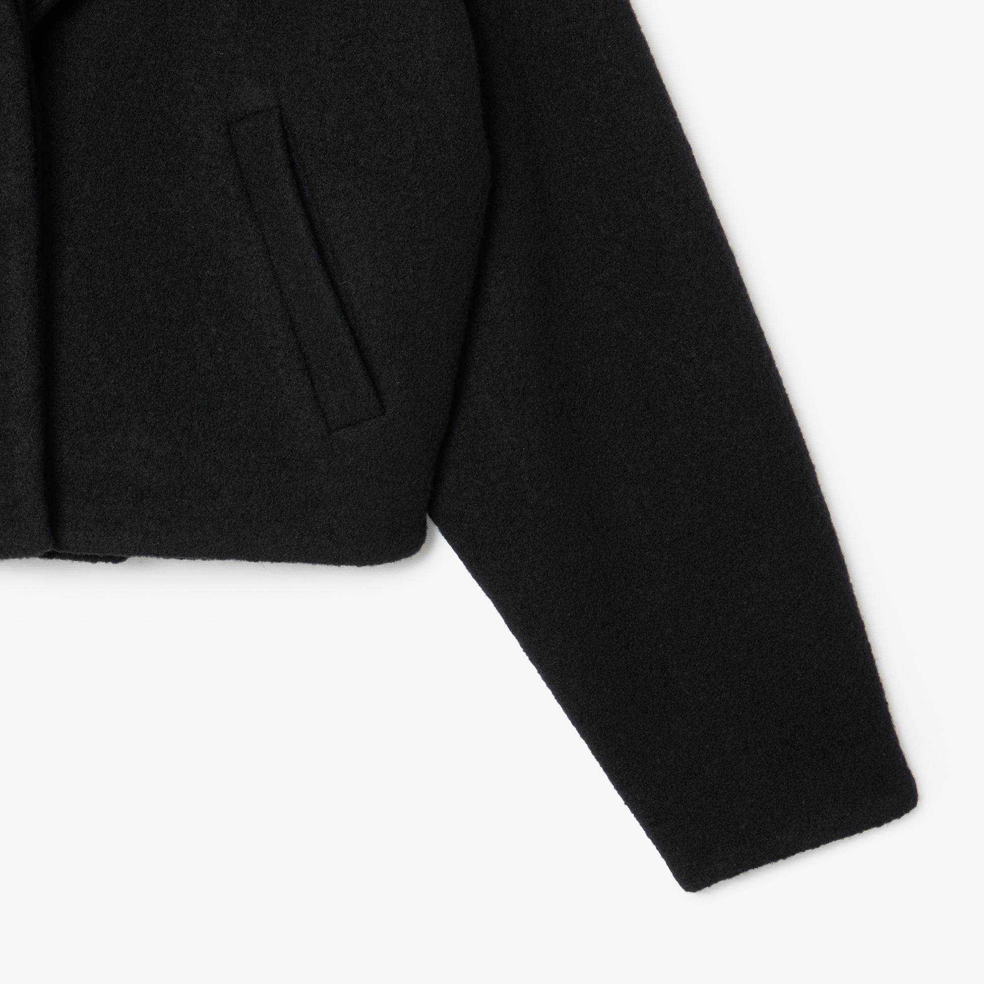 Kadın Oversize Fit Gömlek Yaka Yün Siyah Mont