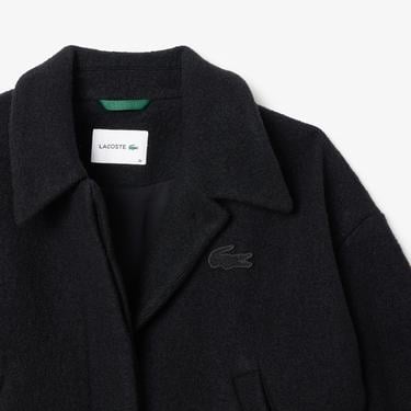  Kadın Oversize Fit Gömlek Yaka Yün Siyah Mont