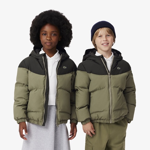  Lacoste Çocuk Kapüşonlu Renk Bloklu Haki Mont