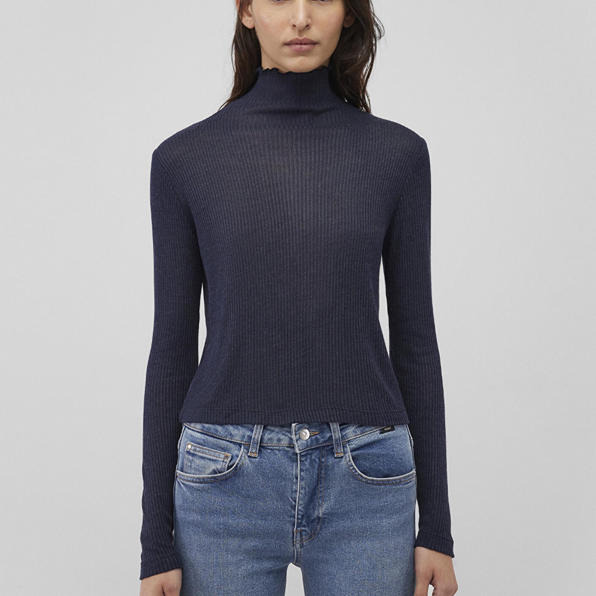 Mavi Dik Yaka Yarı Transparan Lacivert Tişört Fitted / Vücuda Oturan Kesim 1612780-70489