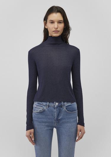  Mavi Dik Yaka Yarı Transparan Lacivert Tişört Fitted / Vücuda Oturan Kesim 1612780-70489