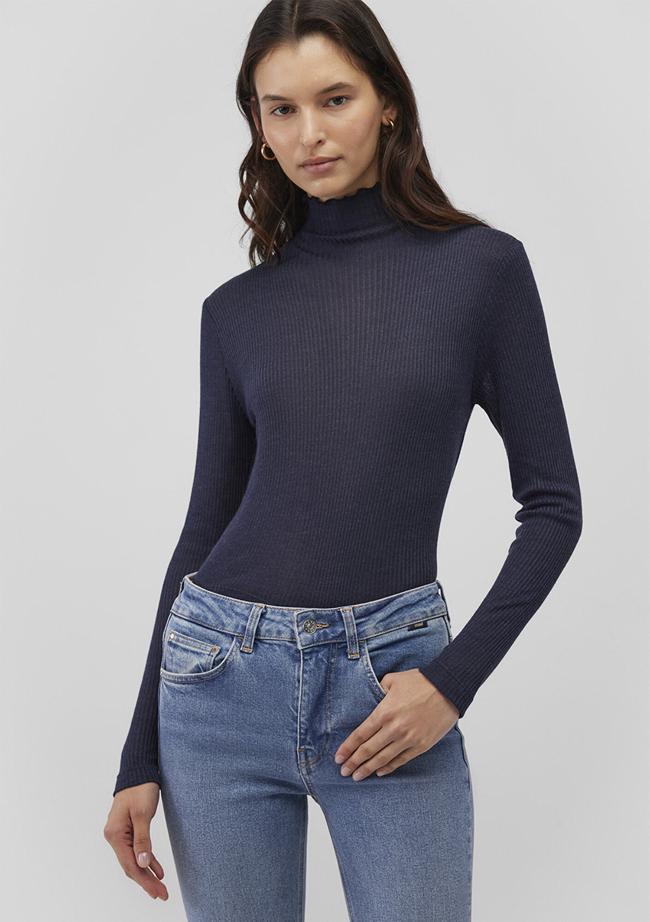  Mavi Dik Yaka Yarı Transparan Lacivert Tişört Fitted / Vücuda Oturan Kesim 1612780-70489