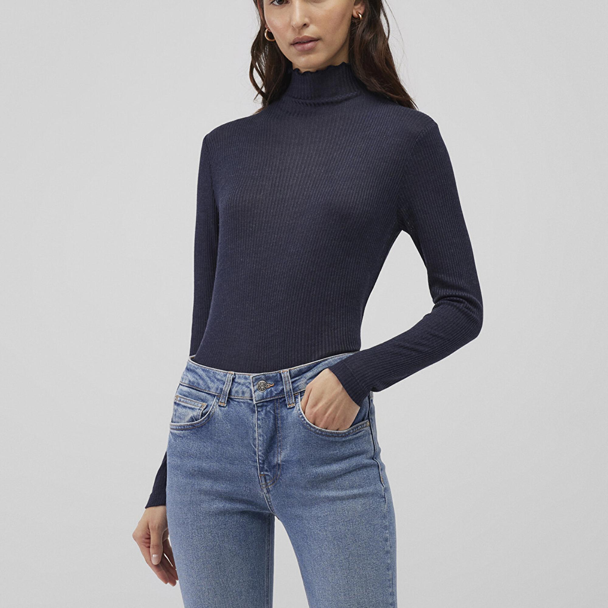 Mavi Dik Yaka Yarı Transparan Lacivert Tişört Fitted / Vücuda Oturan Kesim 1612780-70489