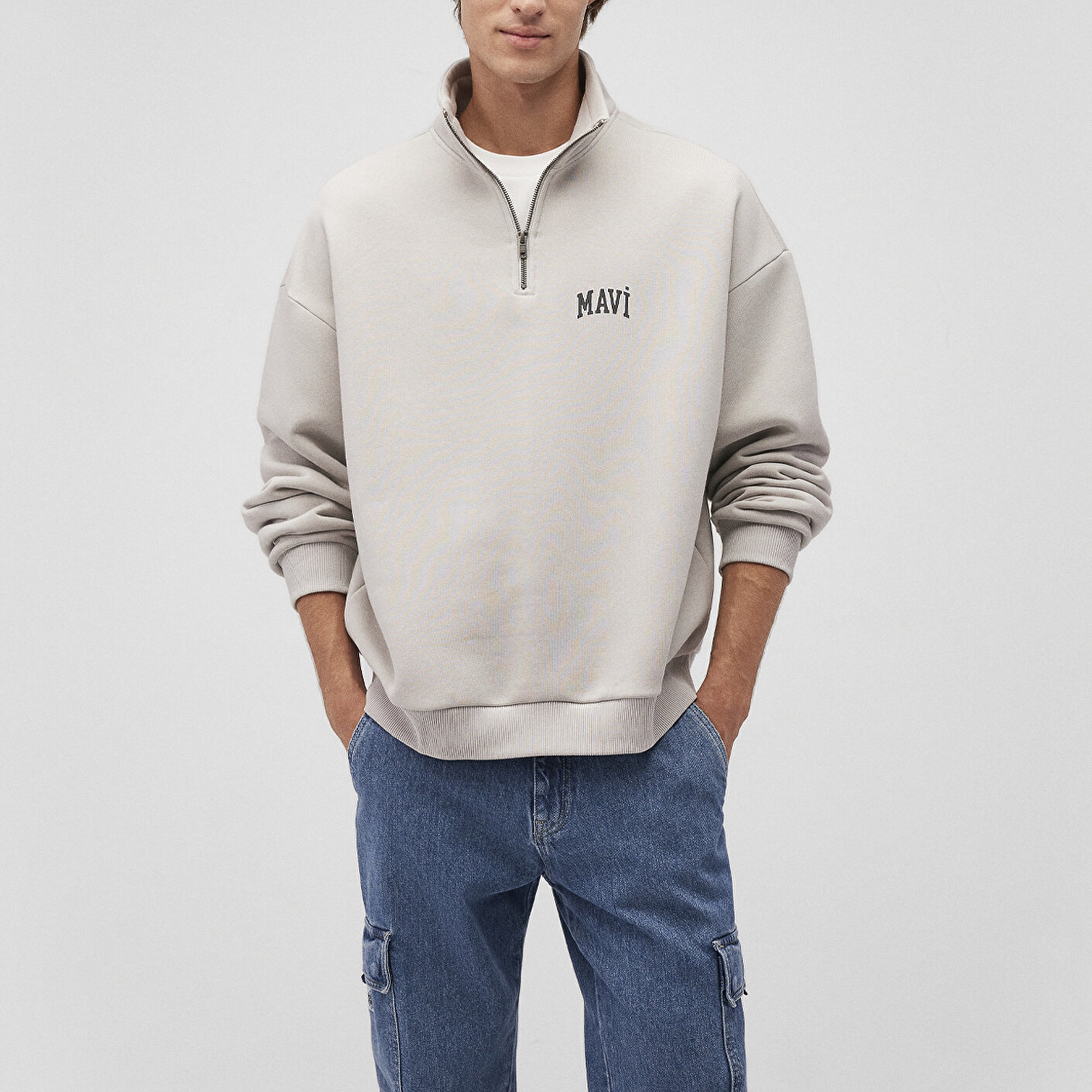 Mavi Mavi Logo Baskılı Yarı Fermuarlı Gri Sweatshirt 0S10208-70074