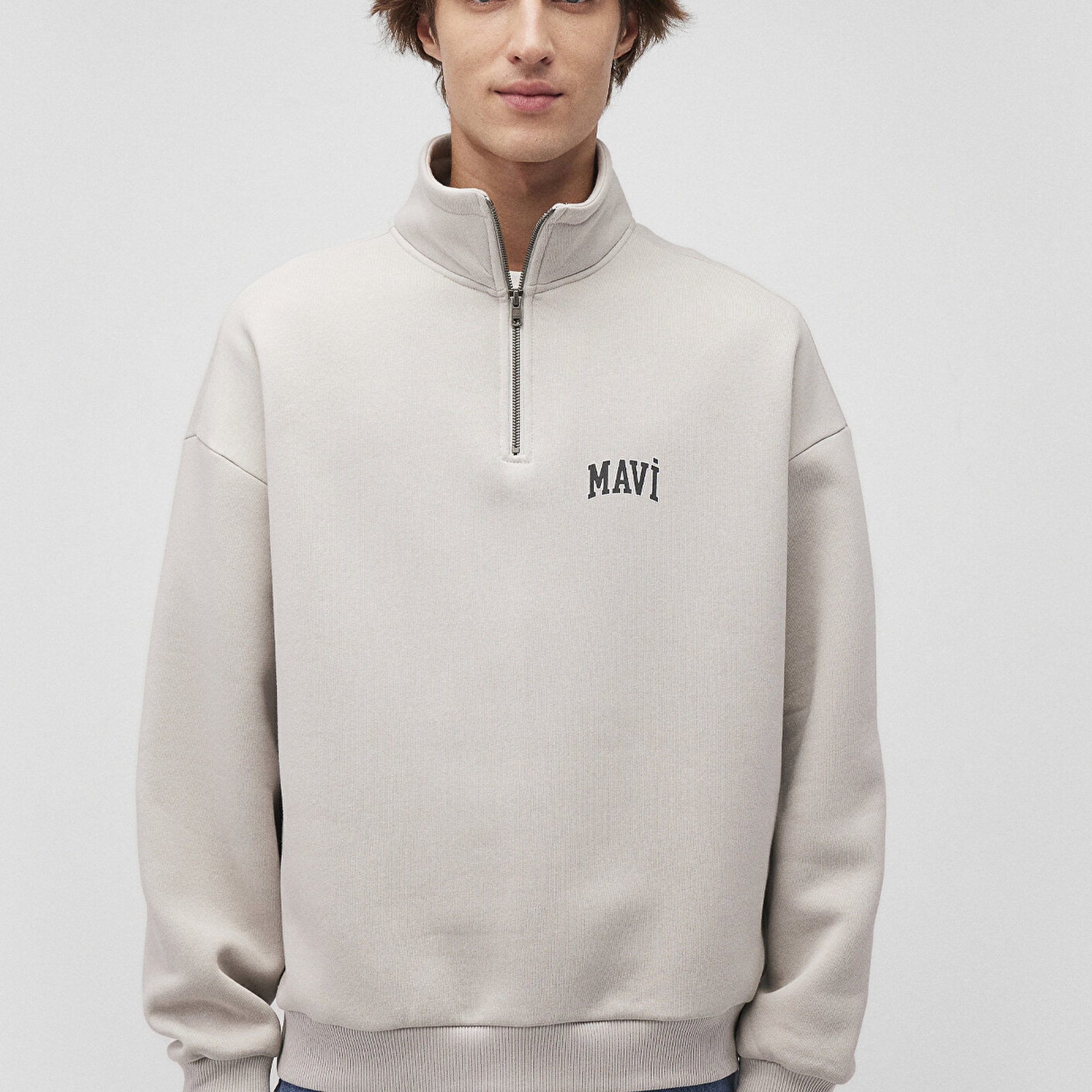 Mavi Mavi Logo Baskılı Yarı Fermuarlı Gri Sweatshirt 0S10208-70074