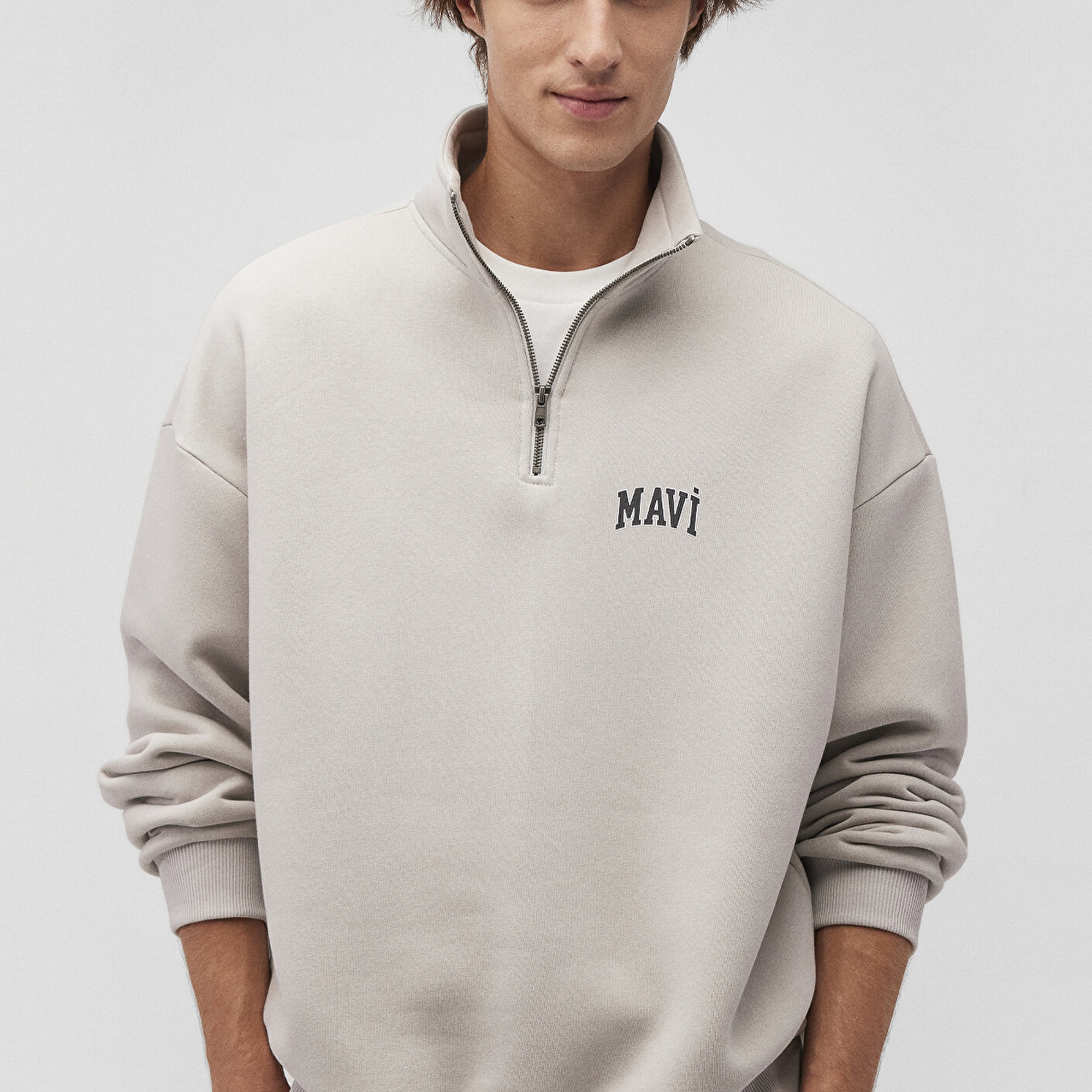 Mavi Mavi Logo Baskılı Yarı Fermuarlı Gri Sweatshirt 0S10208-70074