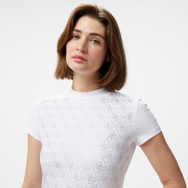  Guess Mock Neck All Over Mid Organic Stretch Jersey 180 Kadın Beyaz T-Shirt