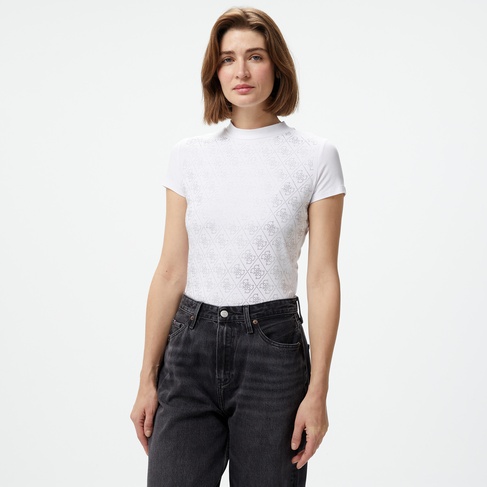  Guess Mock Neck All Over Mid Organic Stretch Jersey 180 Kadın Beyaz T-Shirt