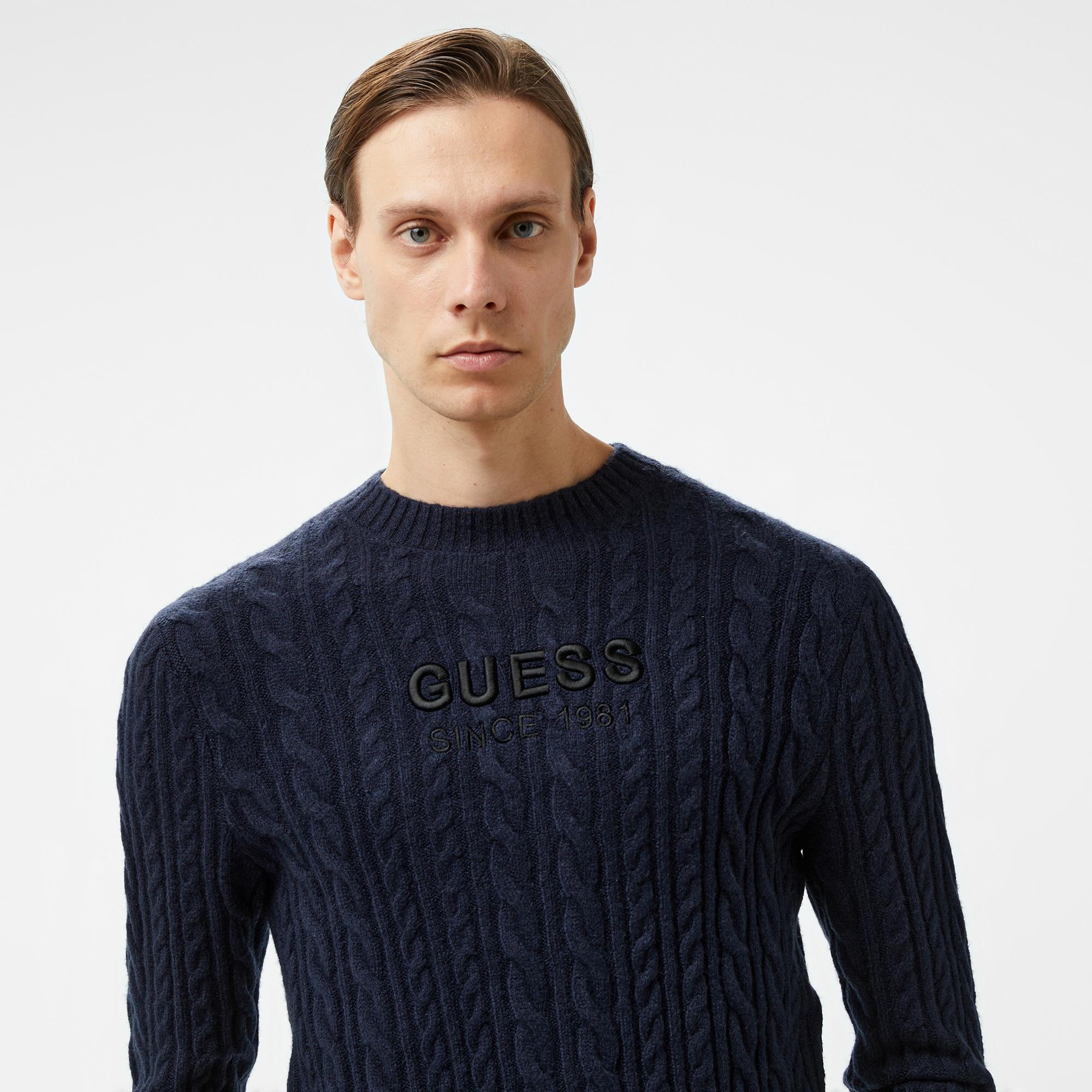 Guess Cable Acr Wool Blended Yarn Erkek Lacivert Triko