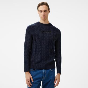  Guess Cable Acr Wool Blended Yarn Erkek Lacivert Triko