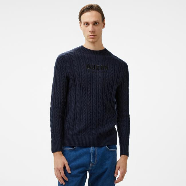  Guess Cable Acr Wool Blended Yarn Erkek Lacivert Triko