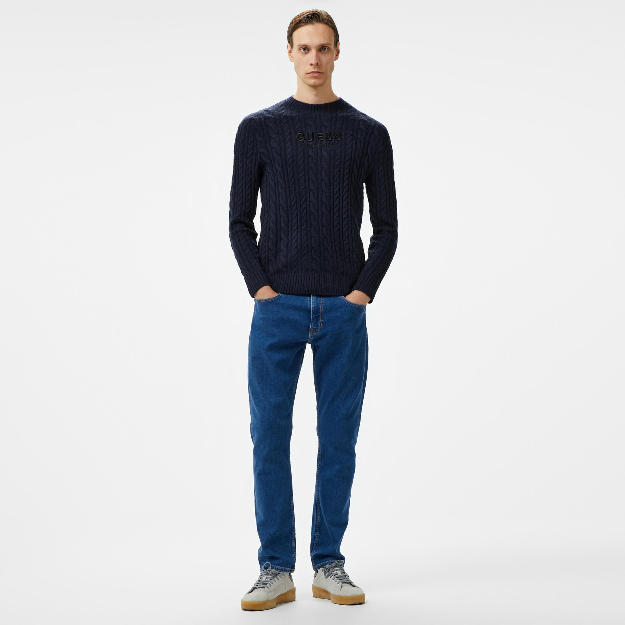 Guess Cable Acr Wool Blended Yarn Erkek Lacivert Triko