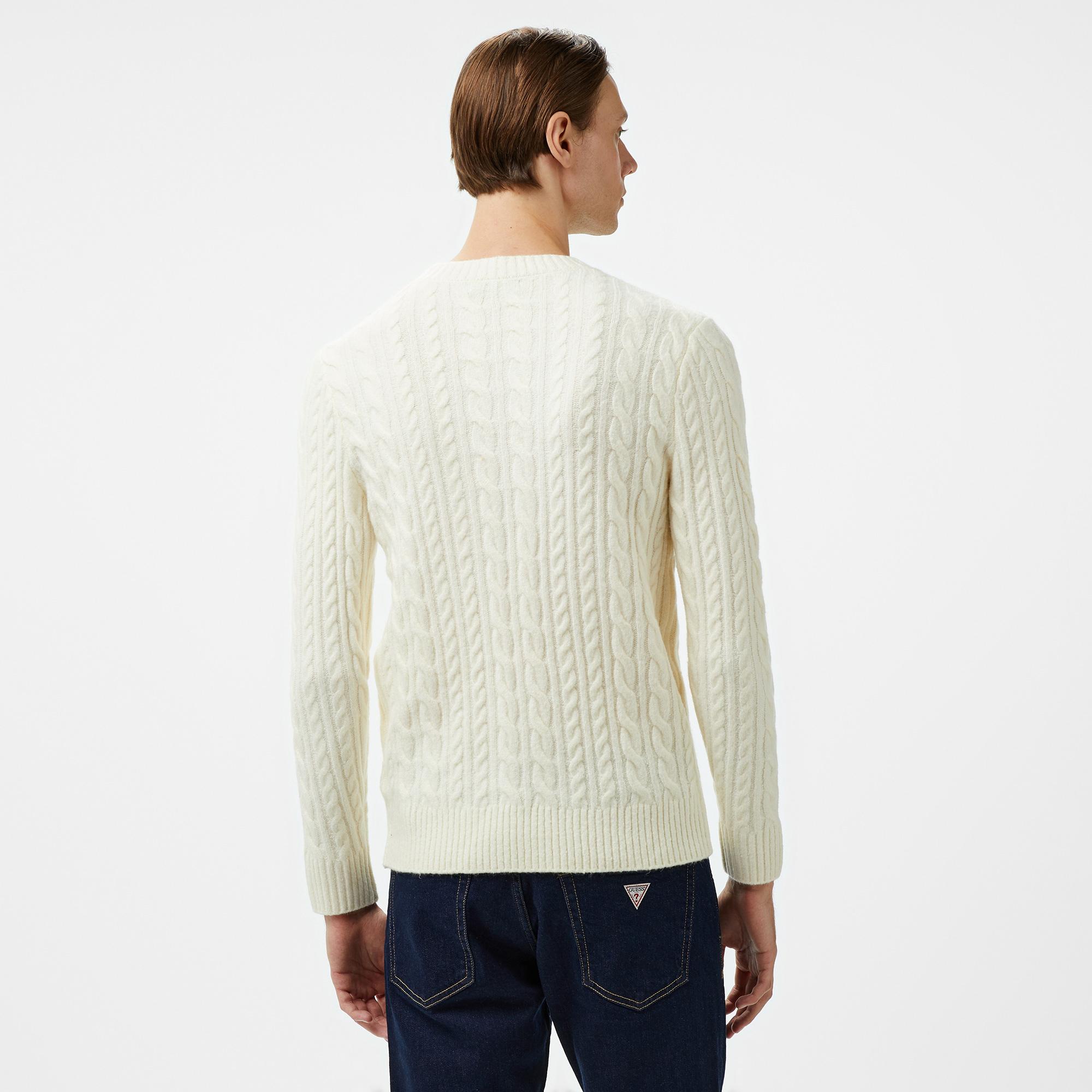 Guess Cable Acr Wool Blended Yarn Erkek Beyaz Triko