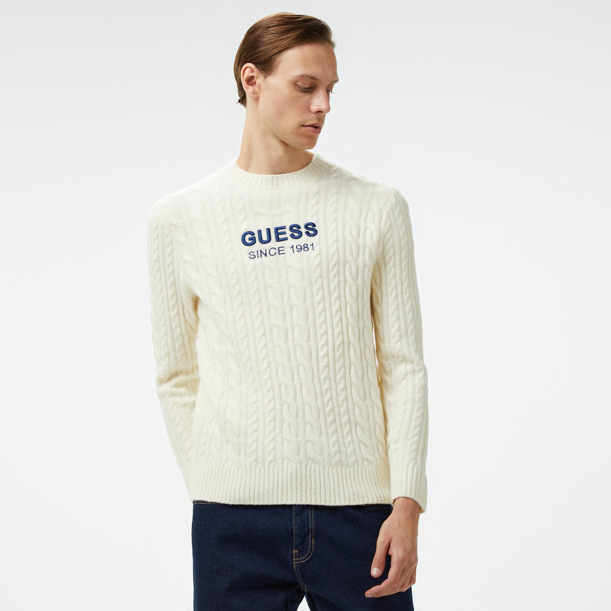 Guess Cable Acr Wool Blended Yarn Erkek Beyaz Triko