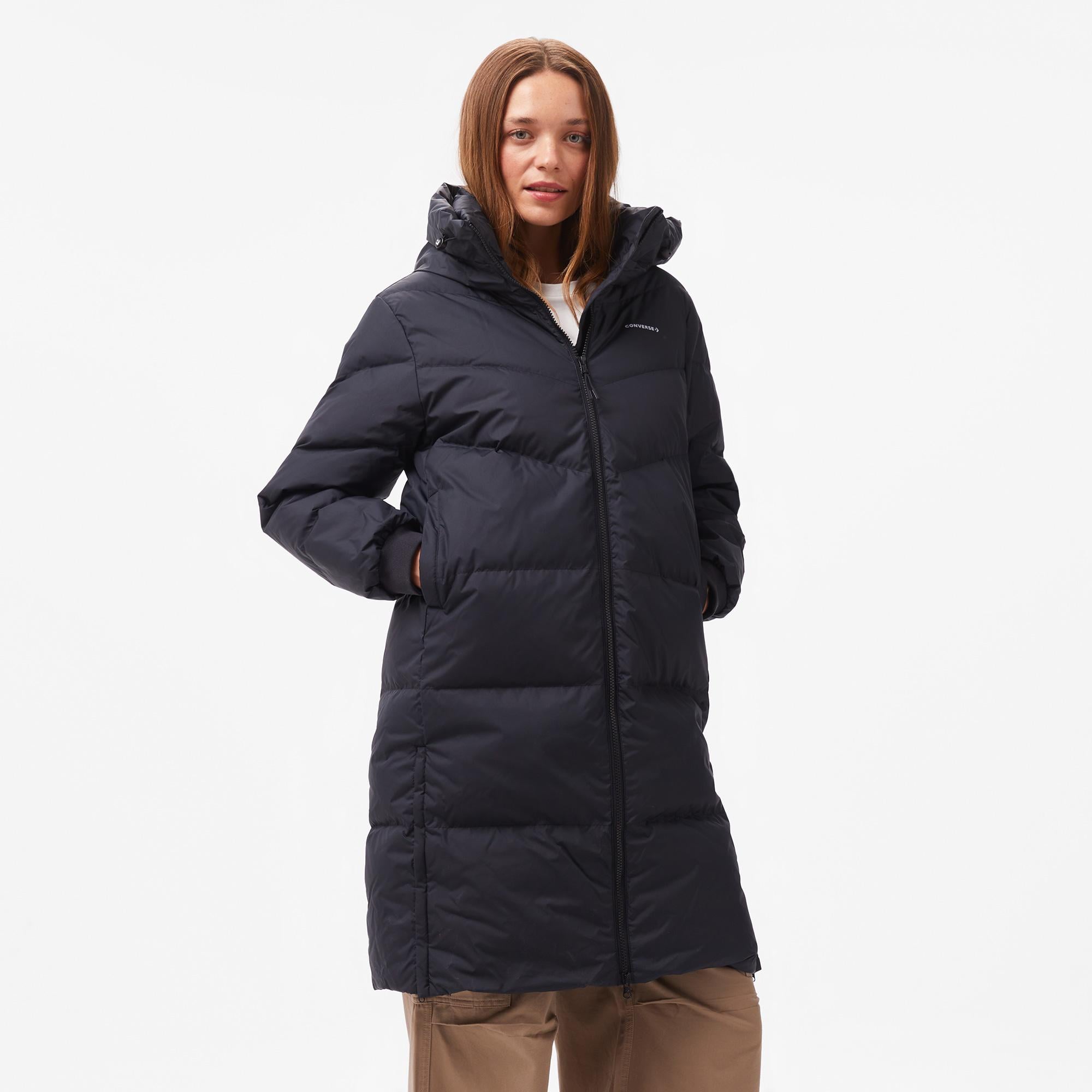 Converse Kadın Kapüşonlu Siyah Şişme Mont