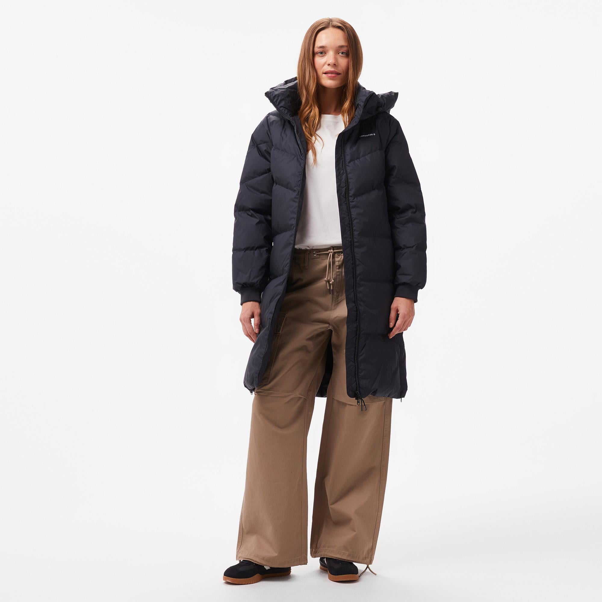 Converse Kadın Kapüşonlu Siyah Şişme Mont