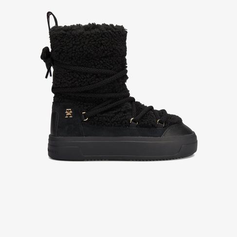  Tommy Hilfiger Lace-Up Faux Shearling Kadın Siyah Bot