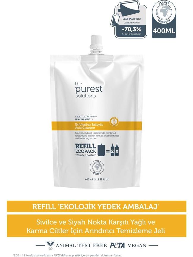  Sivilce & Siyah Nokta Karşıtı (Yağlı-Karma Ciltler) Temizleme Jeli Ekolojik Yedek Paket 400 ml