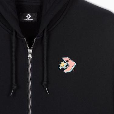  Converse Kadın Oversized Fit Fermuarlı Grafik Baskılı Siyah Hoodie