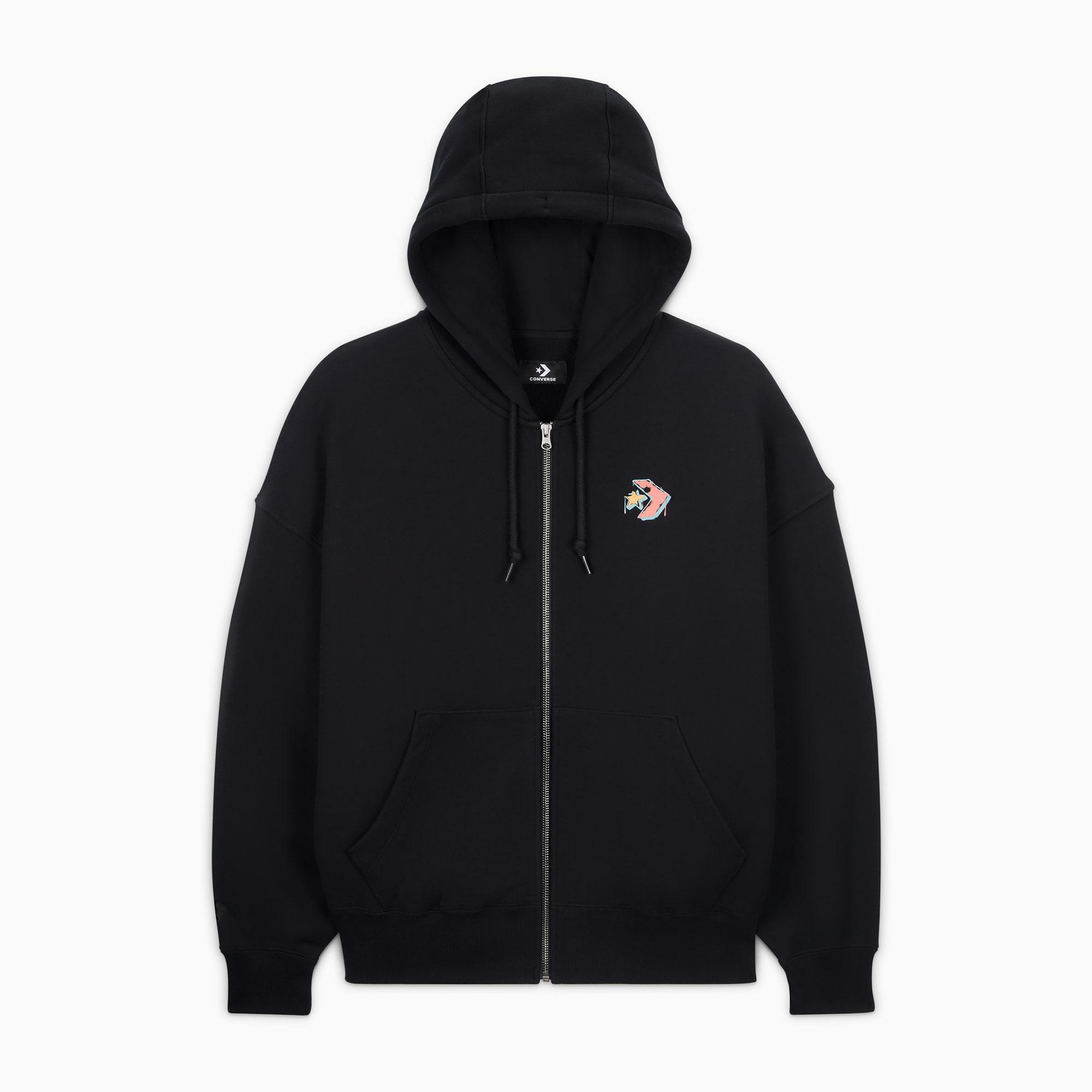 Converse Kadın Oversized Fit Fermuarlı Grafik Baskılı Siyah Hoodie