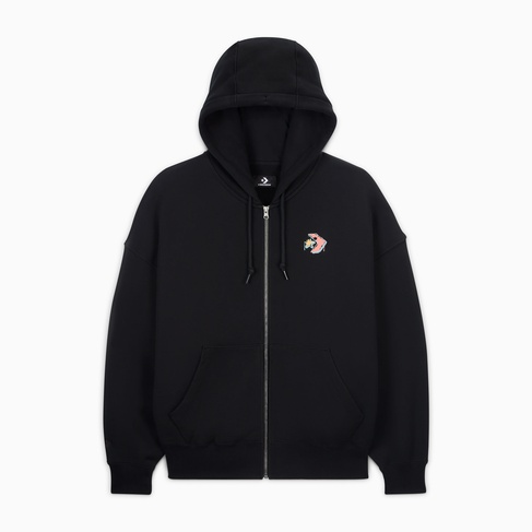  Converse Kadın Oversized Fit Fermuarlı Grafik Baskılı Siyah Hoodie