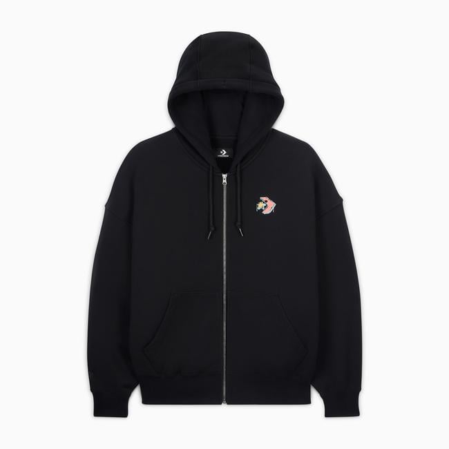  Converse Kadın Oversized Fit Fermuarlı Grafik Baskılı Siyah Hoodie