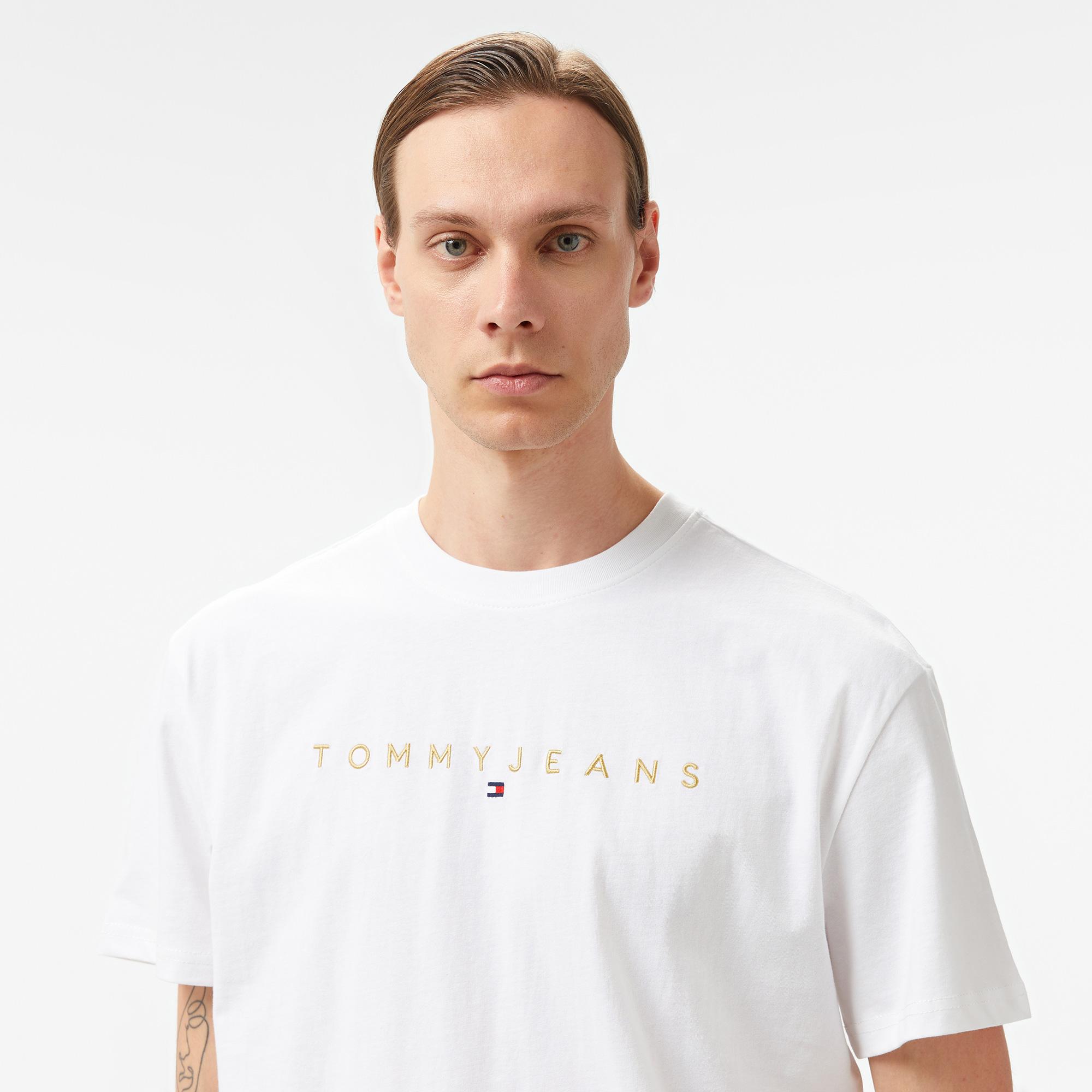 Tommy Hilfiger Jeans Gold Linear Logo Erkek Beyaz T-Shirt